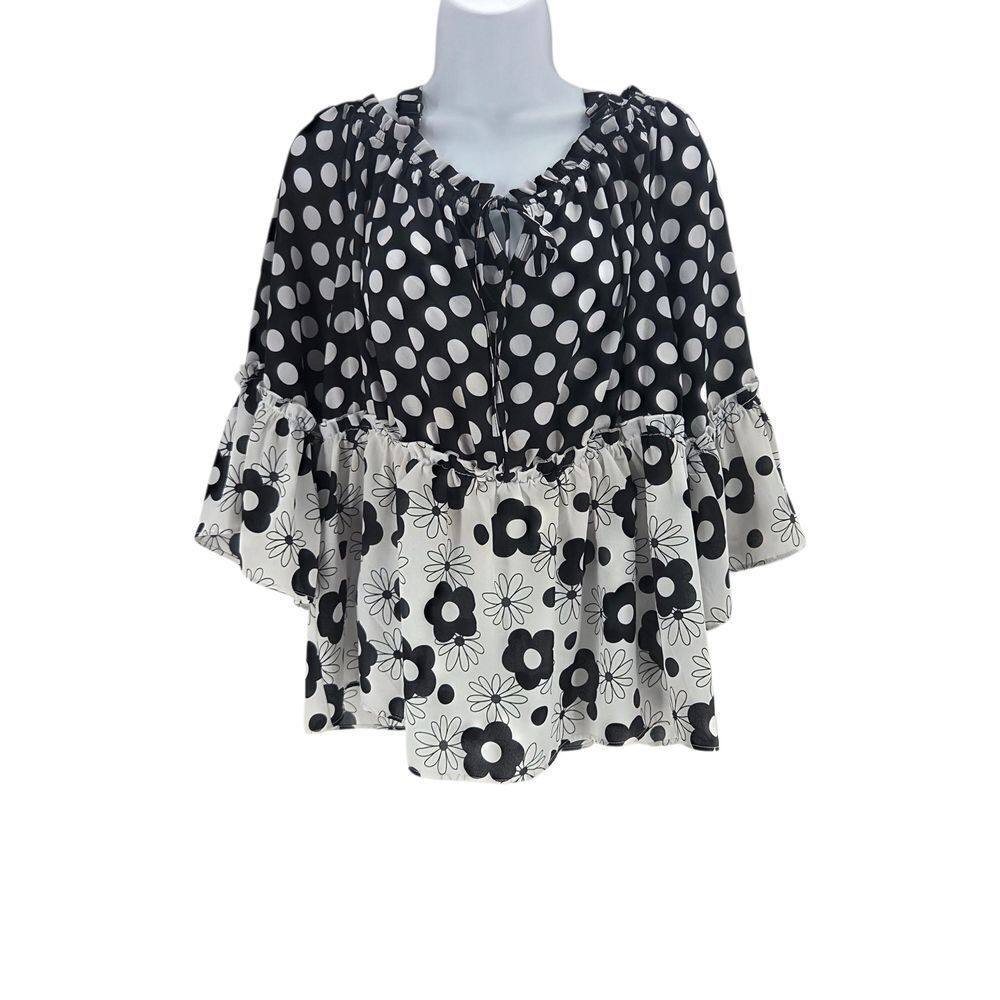 Cato Black and White Floral Polka Dot Blouse